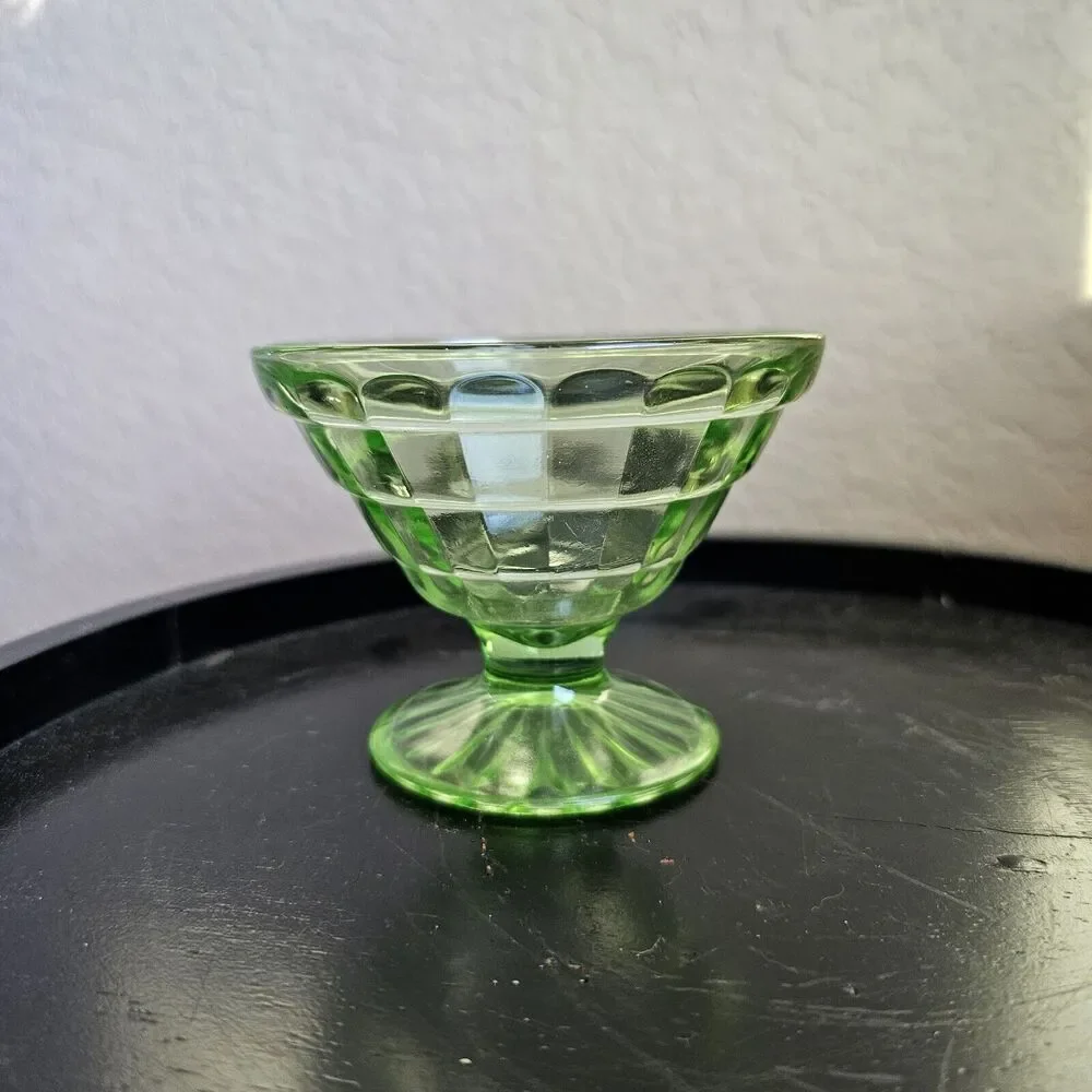 Vintage Depression Glass Sherbet Dish, Anchor Hocking, Block Optic, Green Glow